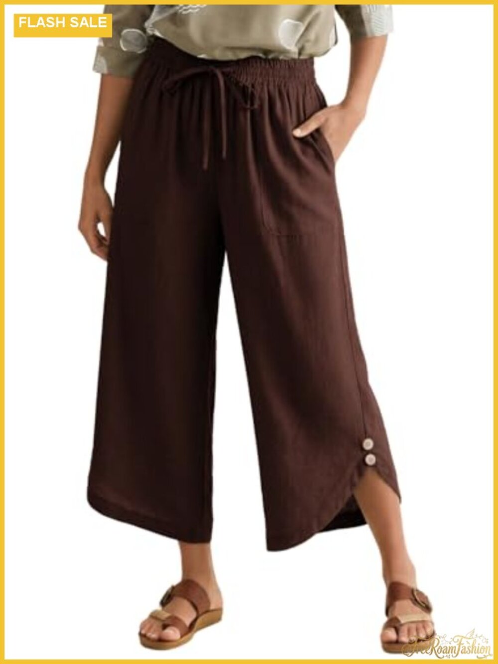 EVALESS Viscose Cotton Capri Pants Wide Leg Drawstring Women